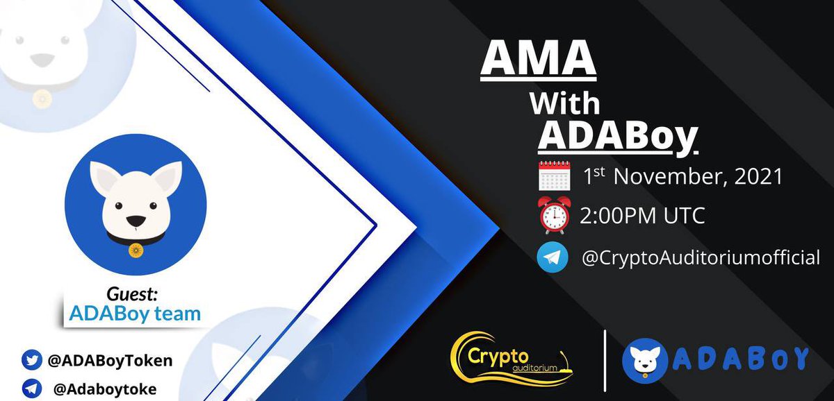 📢 We're pleased to announce that our next😍 #AMA with @ADABoyToken on 1st Nov at 2:00 PM UTC

💰 Reward Pool:100$
💎 Venue: t.me/CryptoAuditori…
💎 Rules:
✅ Follow @cryptoauditorm1 &amp; @ADABoyToken 
✅ Like &amp; Retweet
✅ Comment Questions &amp; Tag 3 Friends with BEP20 addres