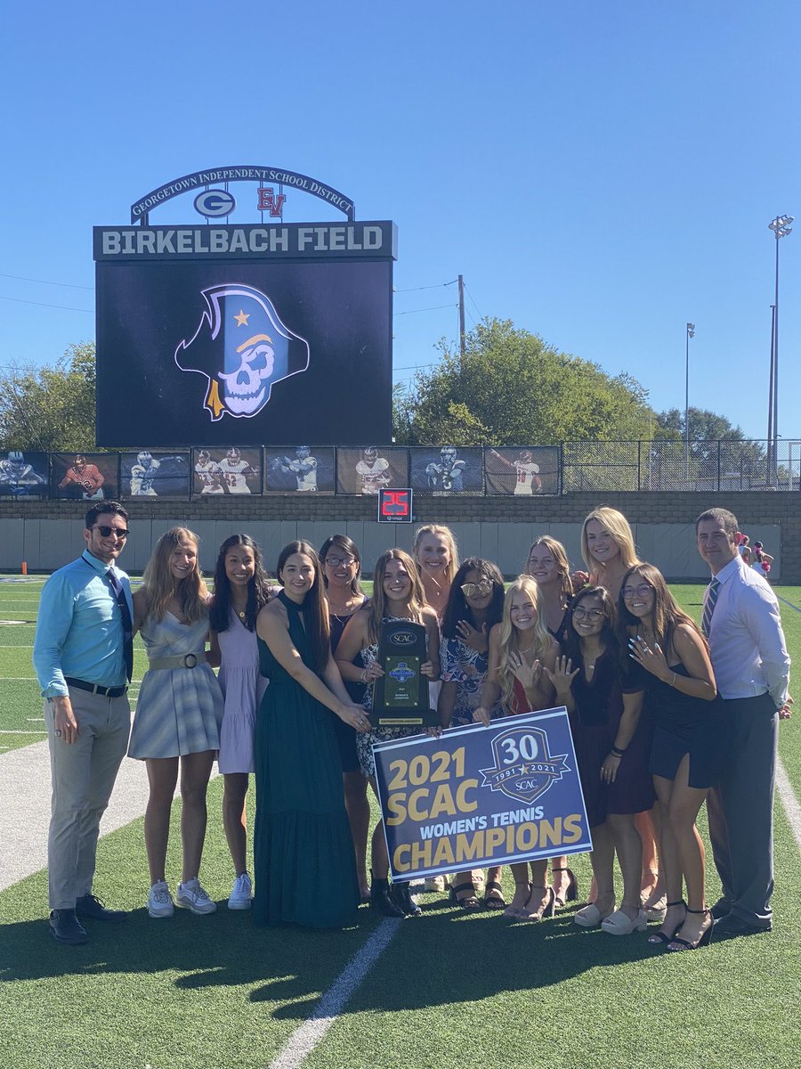 SouthwesternU's tweet photo. Today, our Women’s Tennis Team put a ring on it in honor of their 2021 SCAC Conference Championship! 💍💛🖤 https://t.co/aGkKaCe60O