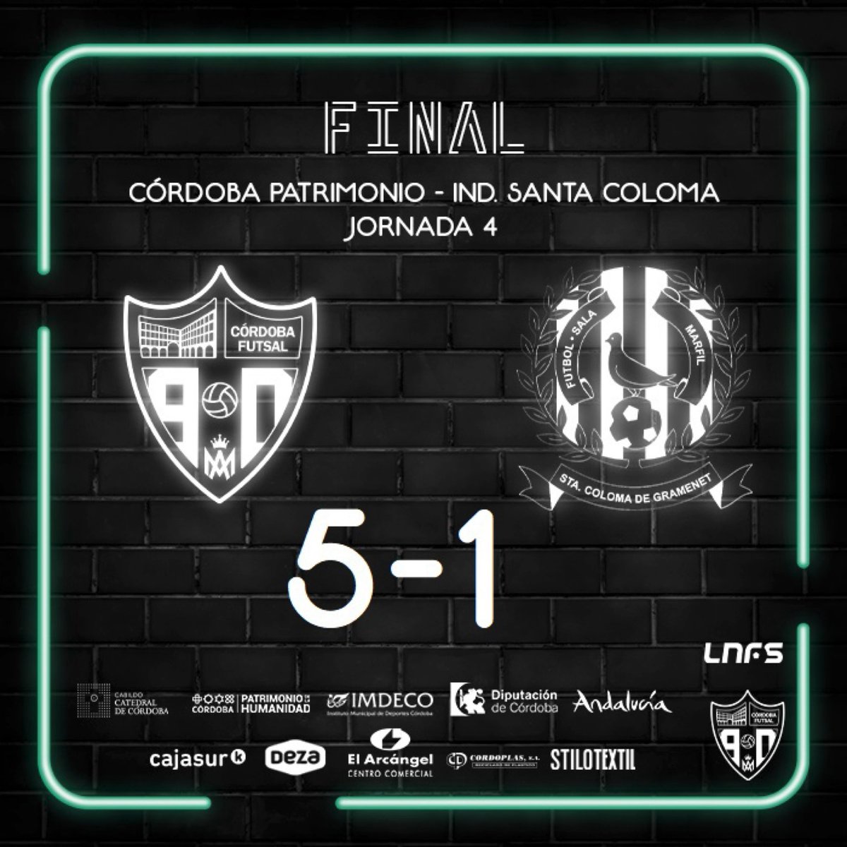 📣 ¡¡FINAAAAAAAAAAAL!!
🏆 1ª División - J.4
⚽️ Córdoba Patrimonio 5-1 <a href="/fsalagarcia/">Industrias Santa Coloma</a>
➡️ 3ª victoria consecutiva para seguir alimentando un sueño.
🟢 <a href="/Caiofutsal11/">Caio</a> (2), <a href="/jesulito6futsa1/">Jesulito</a>, <a href="/PablodelMoral14/">Pablo del Moral</a> y @ricardomayor11, goleadores blanquiverdes.
#CordobaPatrimonioIndustrias #LNFS