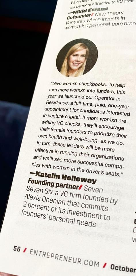 alexisohanian's tweet photo. LOOK it's @katelin_cruse on the @Entrepreneur #100WomenOfImpact list 👏👏👏 because investing in founders means more than just a check @sevensevensix - and it all pays off in the returns https://t.co/B5bSt99e26