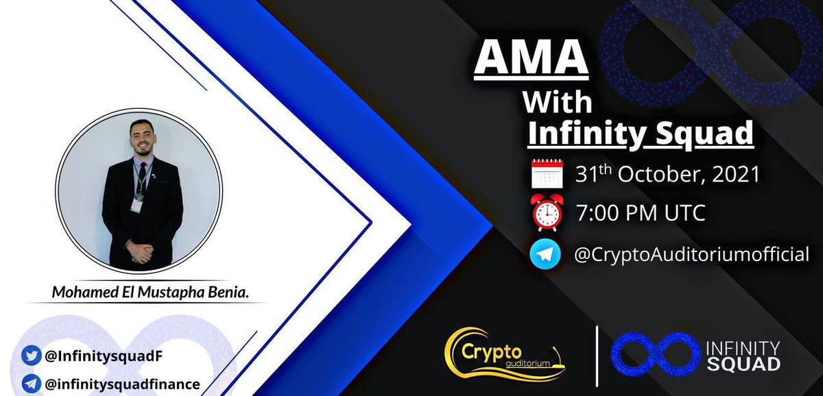 📢 We're pleased to announce that our next😍 #AMA with <a href="/InfinitysquadF/">Infinity Squad</a> on 31th Oct at 7:00 PM UTC

💰 Reward Pool:100$
💎 Venue: t.me/CryptoAuditori…
💎 Rules:
✅ Follow @cryptoauditorm1 &amp; <a href="/InfinitysquadF/">Infinity Squad</a> 
✅ Like &amp; Retweet
✅ Comment Questions &amp; Tag 3 Friends with BEP20🔥🤝