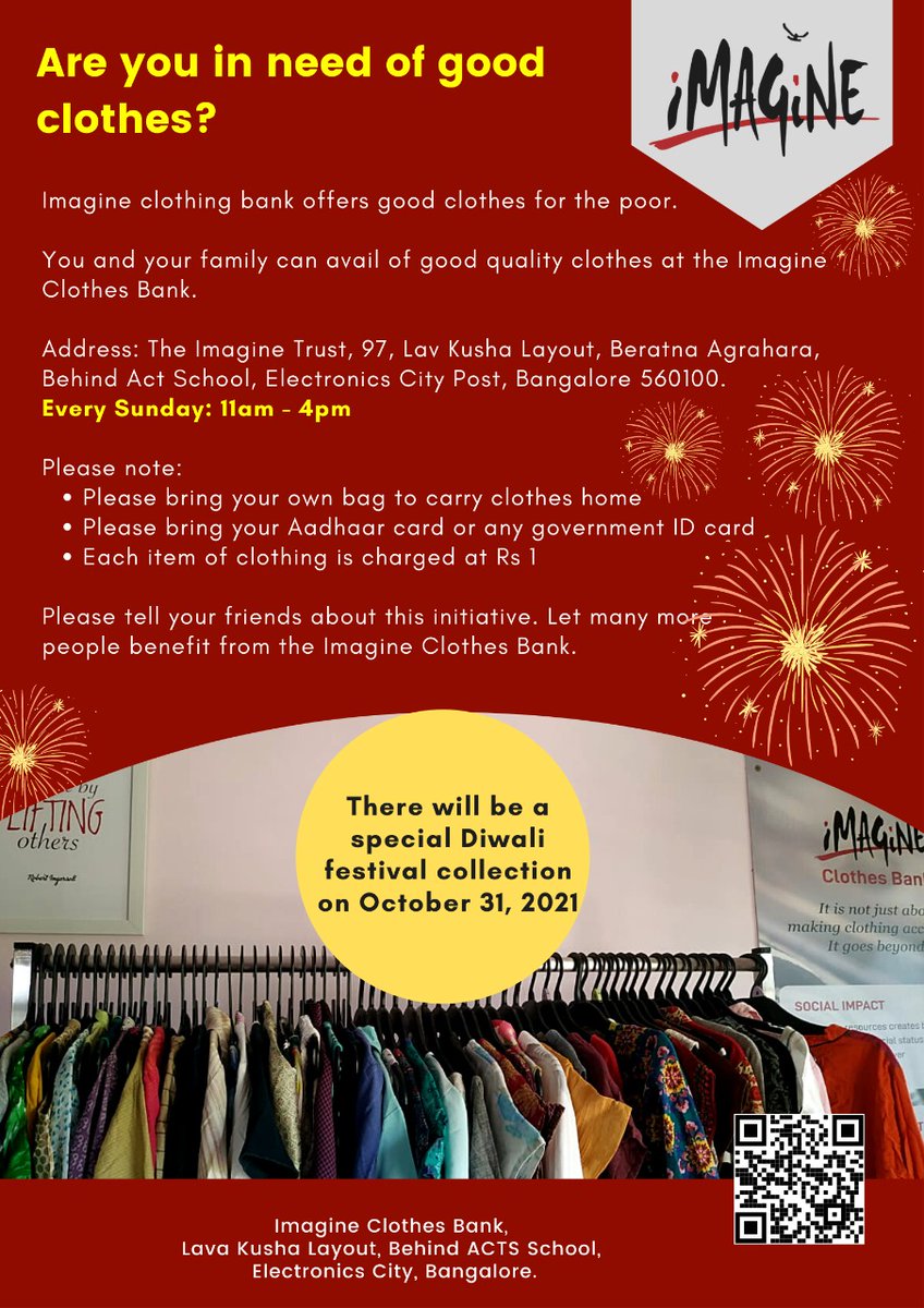 imagine_trust's tweet photo. The #ImagineClothesBank is opening to a special Sunday on 31st October. 
Clothes from its Diwali Festival Collection will be distributed between 11 am and 4 pm. 
Those unable to afford clothes this festive season are welcome.#DiwaliatICB
@prem2kl @NoronhaMelisha @vignesh1811 https://t.co/3HdE4kTBLk