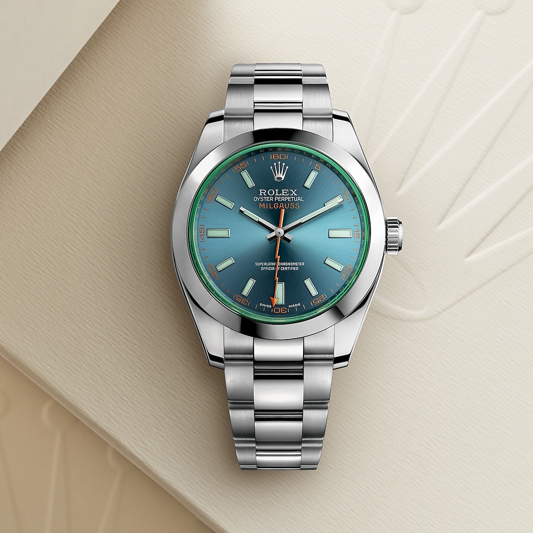 Honouring science. The Rolex Milgauss in Oystersteel, 40 mm case, z-blue dial, an Oyster bracelet. #Rolex #Milgauss