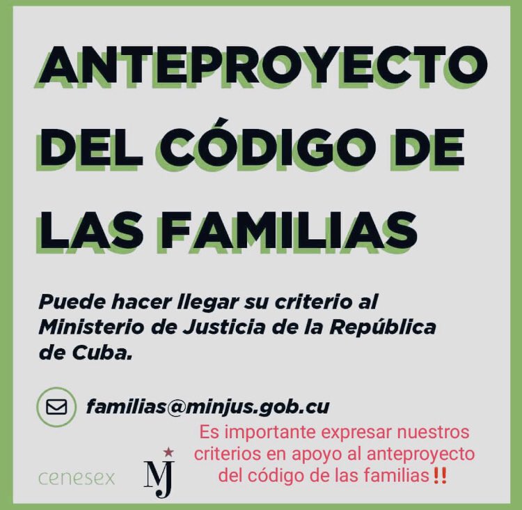 Miguel_filmaker's tweet photo. Hagamos que nuestro tan esperado #codigodelasFamilias sea todo un hecho, pásalo y no olvides enviar tu correo exponiendo tus criterios, feliz sábado a tod@s 👨‍👩‍👦‍👦👩‍👩‍👦‍👦👨‍👨‍👦‍👦👩‍👦‍👦👨‍❤️‍👨👩‍❤️‍👩👨‍👩‍👧👩‍👩‍👧👨‍👨‍👧💚@CenesexCuba @CastroEspinM @TeresaBoue @ManuelSeijido @AnisleydisLa @DiazCanelB @CubaMinjus https://t.co/w57I7gVbWy
