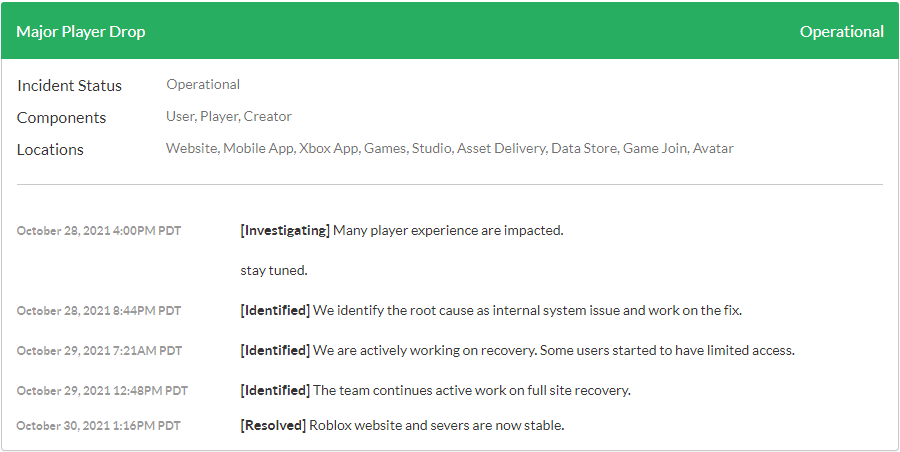 Roblox Status (Last Posted October 29, 2021 12:48PM PDT, Last
