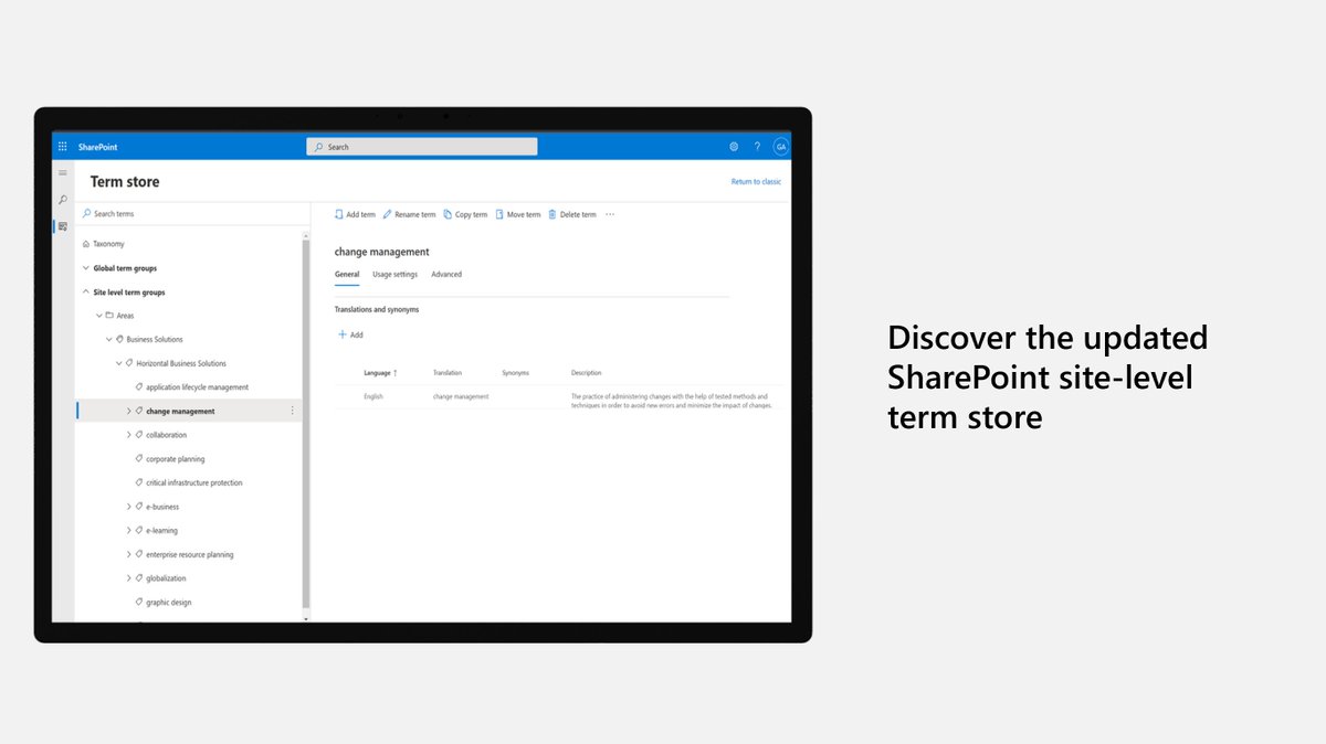 SharePoint's tweet photo. Learn about new updates that make it easier to navigate your taxonomies and create and edit terms when classifying &amp; discovering your Syntex and #SharePoint content. https://t.co/CPkDy3IBj4 https://t.co/bHBjQMAnnu