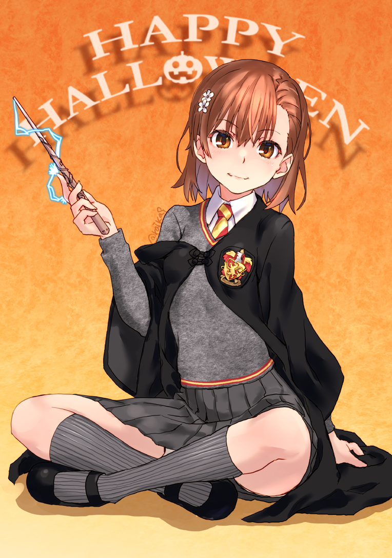 misaka mikoto 1girl solo skirt brown hair brown eyes sitting hogwarts school uniform  illustration images