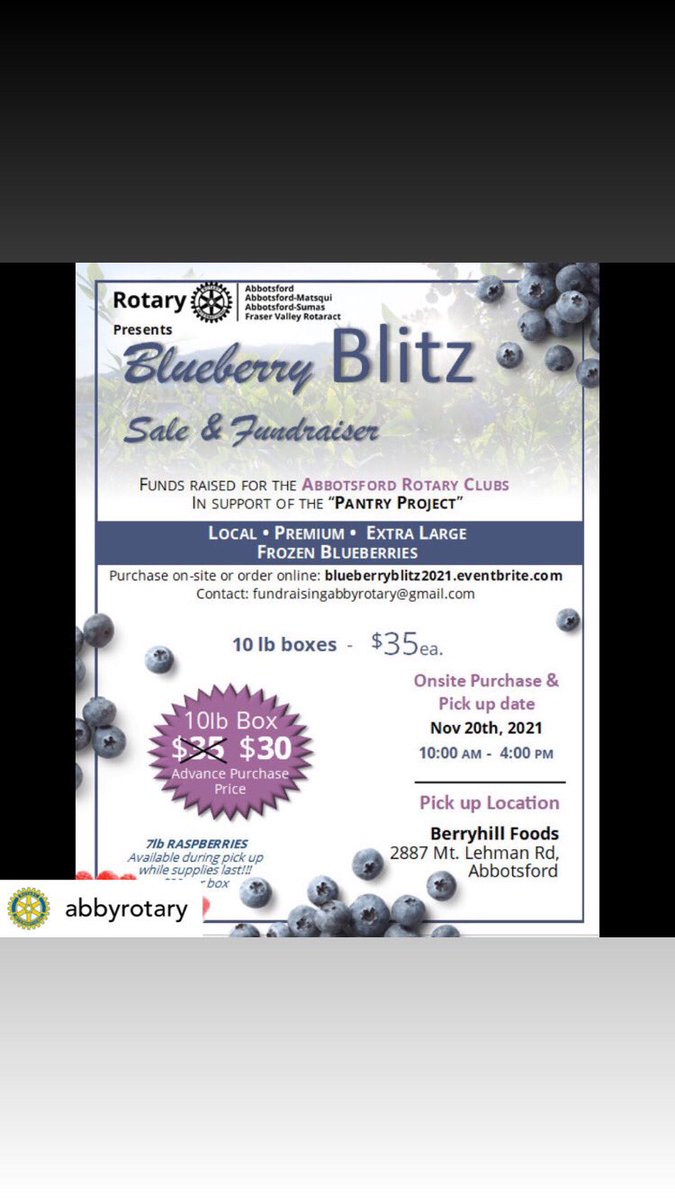 AbbyRotaryClub's tweet image. Order your #blueberries now for Nov 20th and save $5, or pick up on day of. Supporting disadvantaged school children in #Abbotsford. @rotaryabbysumas @AbbyMatsquiRC @abbysallyann #PantryProject