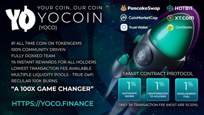DefiZeus's tweet photo. $YOCO is a 100% community-driven &amp; fair-launched cryptocurrency offering automatic lifetime rewards, low trading fees, &amp; fast payments.

They're doing a 100K monthly burn for the next 11 months

🔎Twitter: @YocoinY 
🔎TG: https://t.co/A3gAU8yStb
🔎Chart: https://t.co/TNGHYWhSO0 https://t.co/FNK84wtvDH