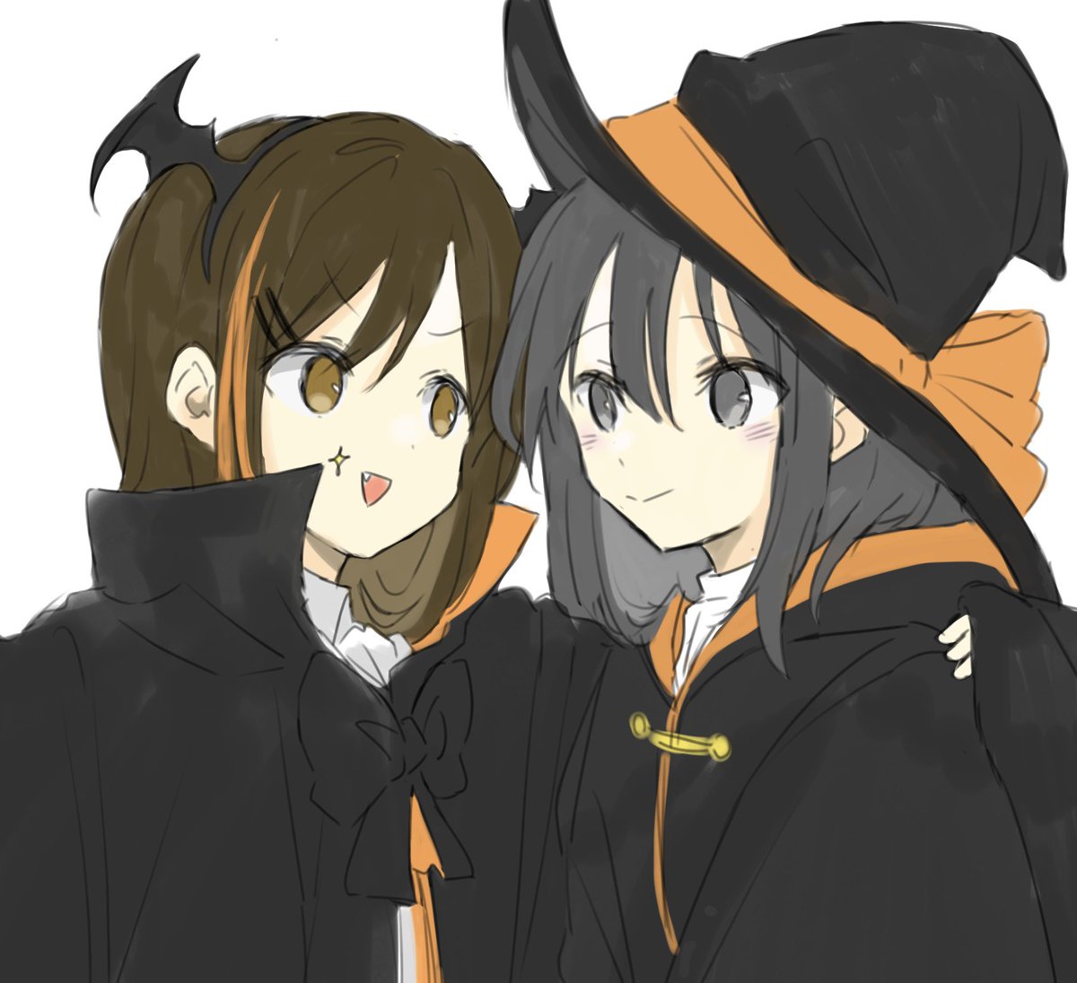 multiple girls 2girls hat witch hat brown hair smile black cloak  illustration images