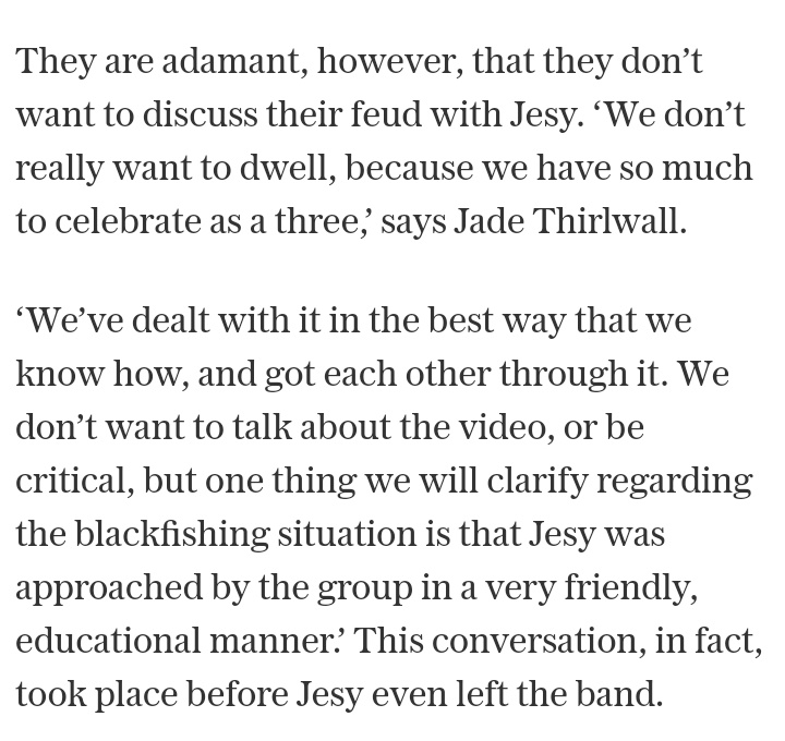 Whomee_05's tweet image. Little Mix finally speaking about the so called fued with Jesy.! 
.
I'm so glad they talked about it sensibly and CLARIFIED that they did bring her "blackfishing" behaviour to her attention while in the group.
Proud of the girls tbh.!