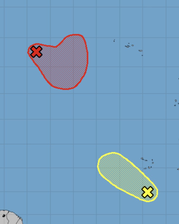 CosmicStatus's tweet image. Two disturbances in the Atlantic Basin. 94L with 60/70 chance and 95L with 30/30 chance.