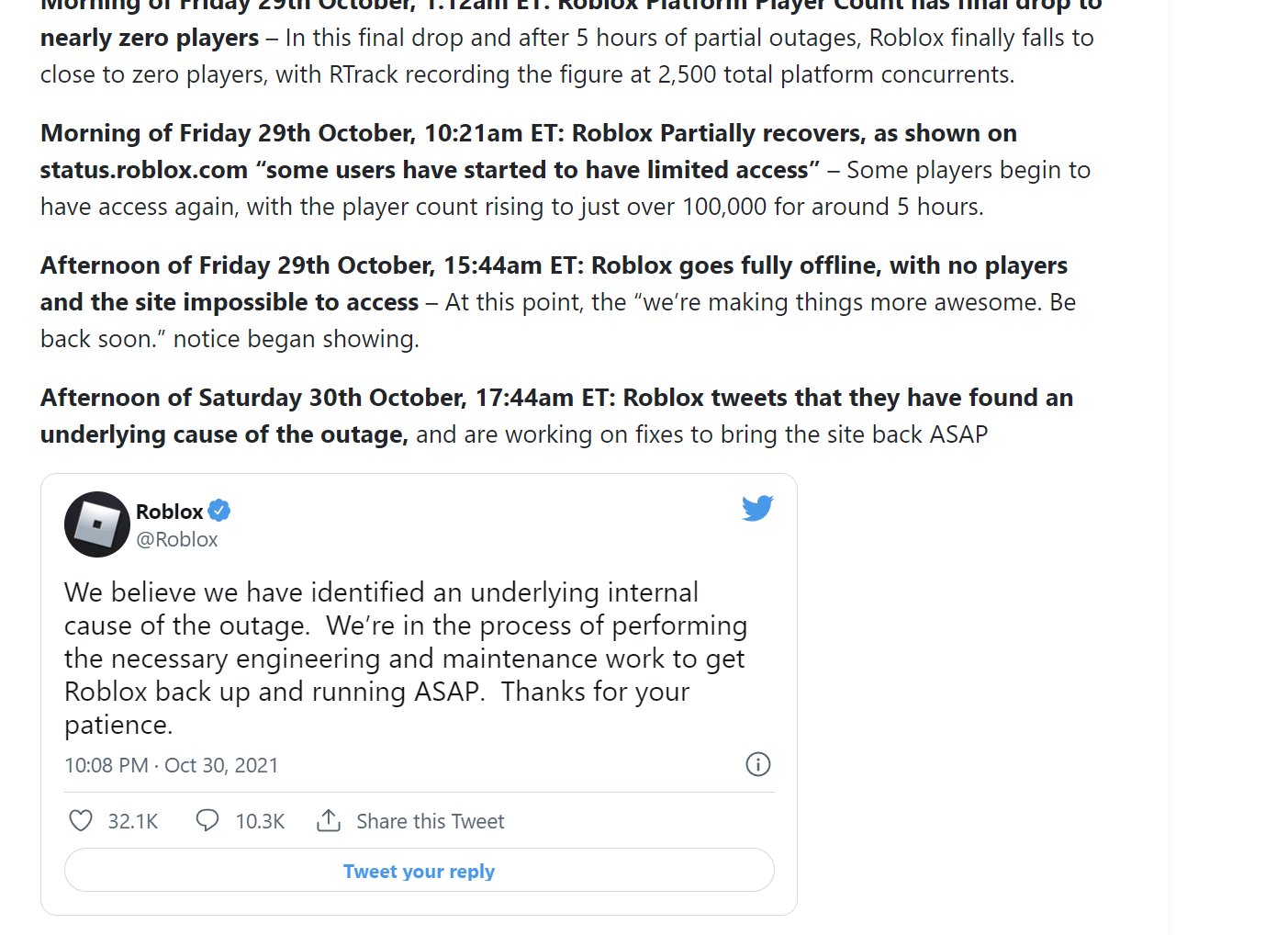 October 2021 Roblox Outage