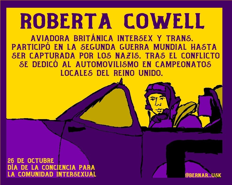 AdrianoAntinoo's tweet photo. Corporalidades | La micro biografía ilustrada de @bernar_usk de #RobertaCowell, aviadora intersexual y trans nos recuerda a otro personaje histórico intersex dentro del proyecto de @KRISOL_prodhi con ocasión del #DiaDeLaVisibilidadIntersex, #intersexawarenessday https://t.co/Sc9P5HVa6P