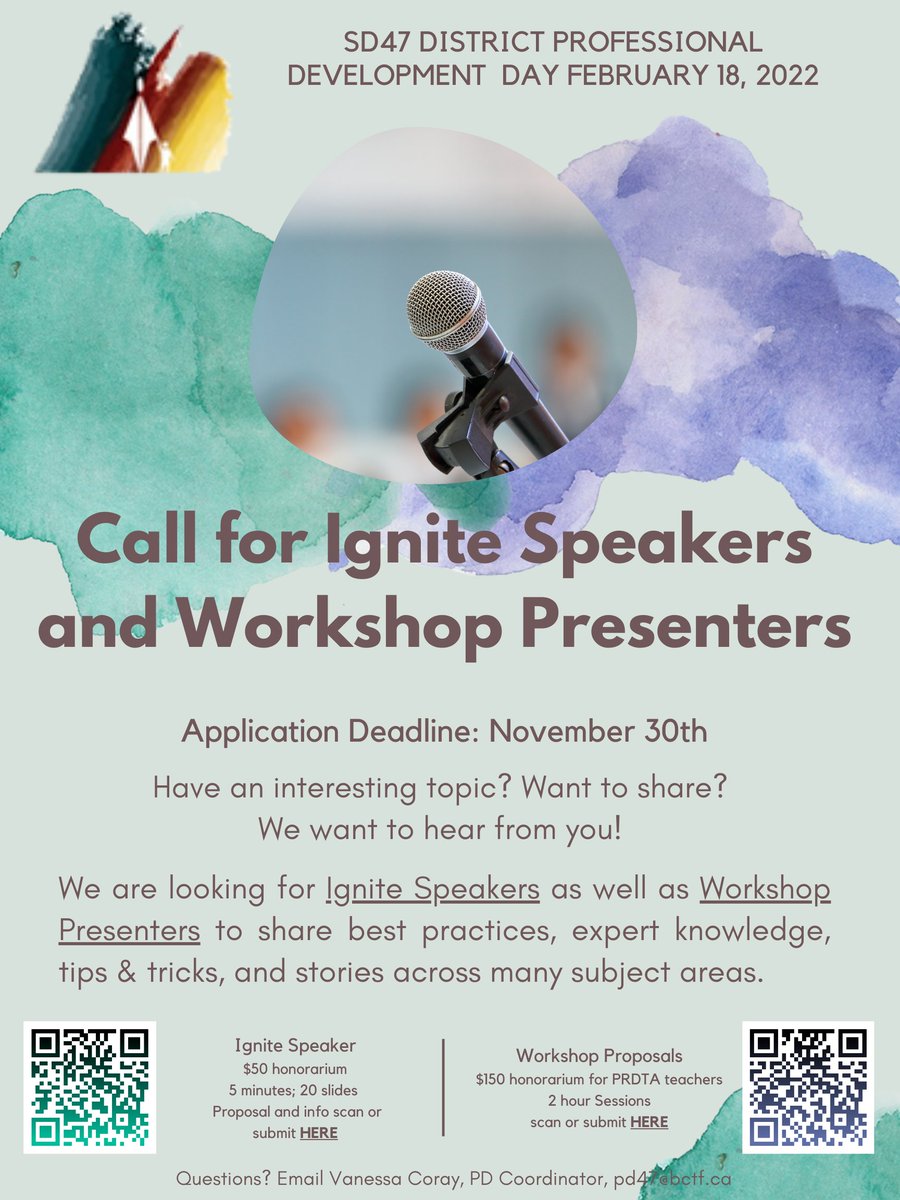 Call for Ignite Speakers and Workshop Facilitators! The SD47 PD team is looking for local qathet/Powell River expertise in the education field. Do you know someone that will WOW the crowd? Are you that person? Speaker's forms.office.com/r/s0rS7XuZAV
Workshop's forms.office.com/r/Xv4gaMbGcZ