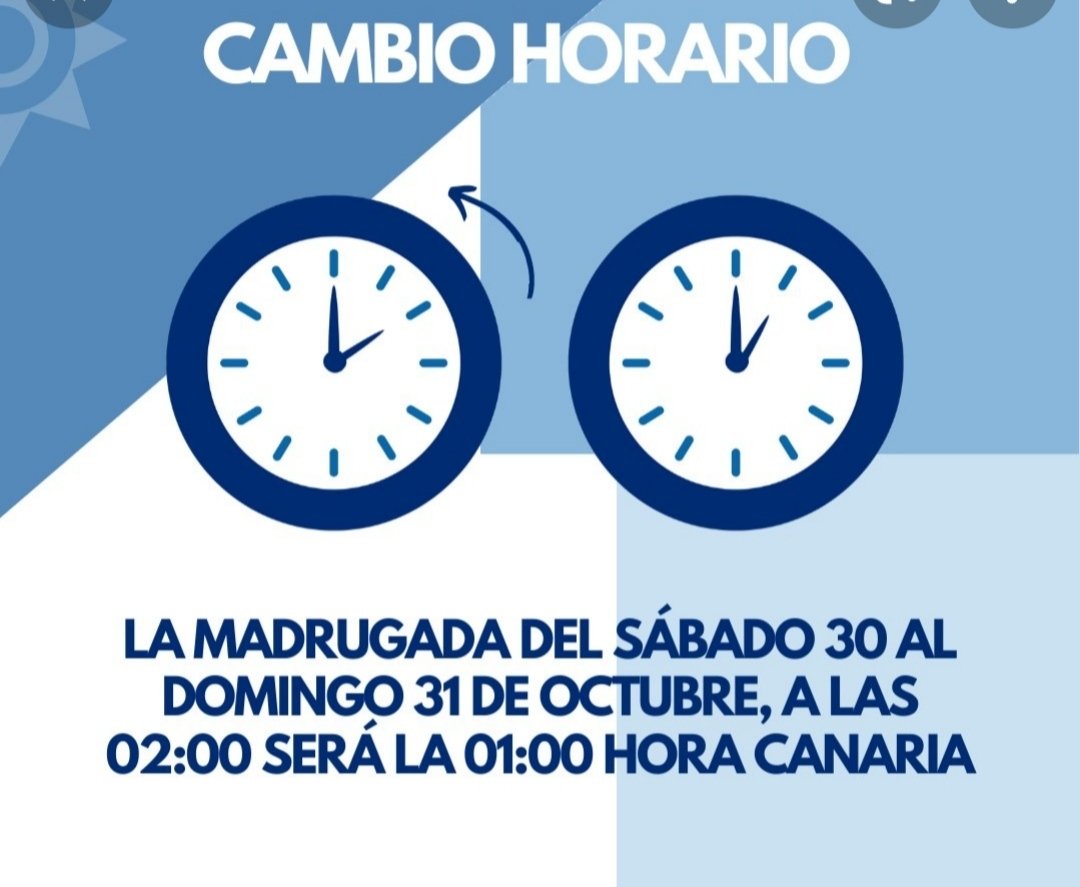 DdvgEs's tweet photo. https://t.co/bjuBNhE4kC esta noche cambio de hora para adaptarnos al #horario de #invierno en #Canarias. A las 2.00am serán las 1.00am. el #CambioDeHora permitirá el ahorro energético y unas leves molestias. @titsa aplicará el cambio a las 5.00am. https://t.co/TrqE80hwDQ https://t.co/Bw1w97vw0Z