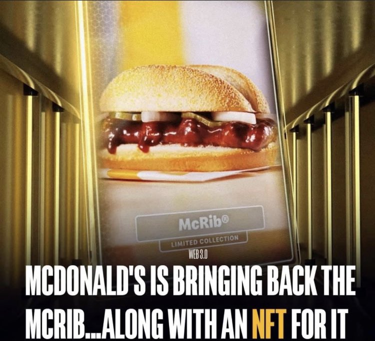 Who’s gonna ape into a McRib NFT for the lolz? 🙋🏽‍♀️
<a href="/NYCaakash/">Aakashic</a> <a href="/mrlawhorne/">JL</a> <a href="/LordXeph/">Xeph 🍻</a> <a href="/NFTHYPEMAN/">HYPE 🚀</a> <a href="/creamtacoo/">creamtaco.eth 🐉 $MON $BUBBLE 🫧🫧🫧</a>