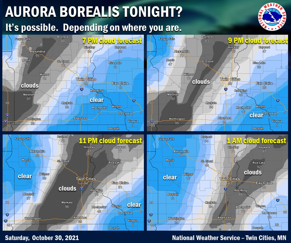NWSTwinCities's tweet photo. There's a good chance of catching a glimpse of the Aurora Borealis tonight, IF these pesky clouds aren't in your way. Here's where your best viewing chances will be and when. #mnwx #wiwx https://t.co/nTr3FhY1da
