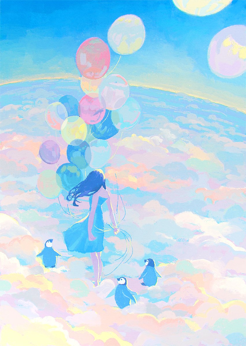 1girl balloon penguin bird cloud long hair sky  illustration images