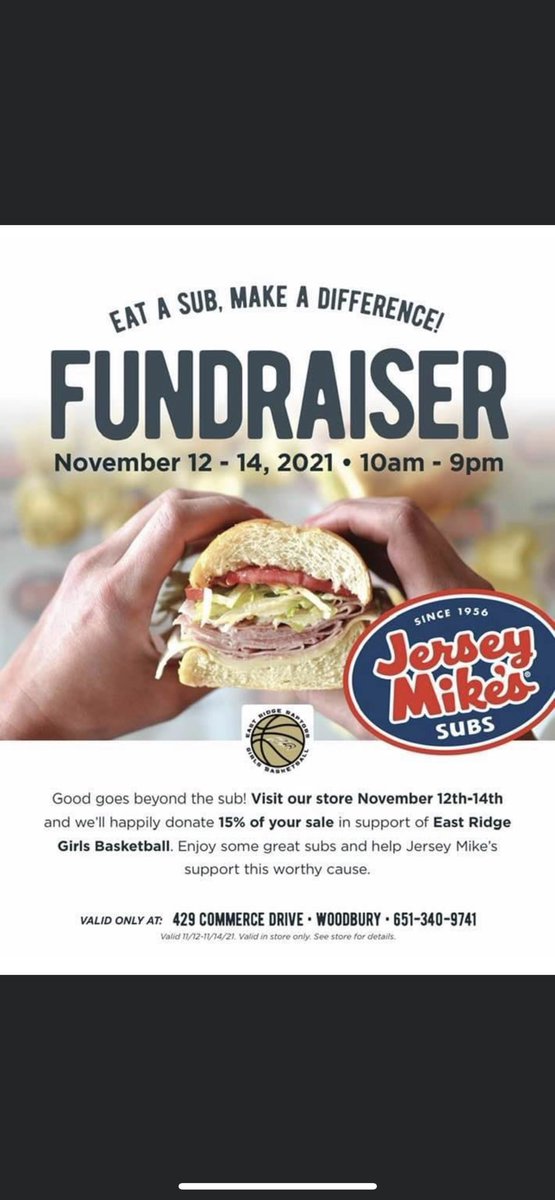 🌟JERSEY MIKE’S! Stop in and have a sandwich between Nov. 12th-14th and 15% of your total will be donated to ERGBB. Please make sure you mention EAST RIDGE GIRLS BASKETBALL! Thank you and we can’t wait to see you all in the gym! 🌟🏀🏀🏀🏀🏀