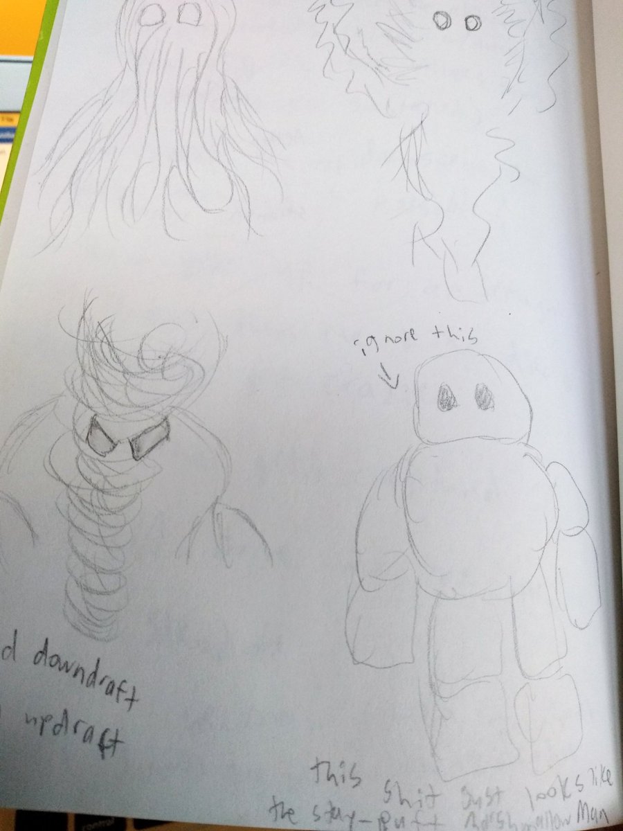 ClareUrbanski's tweet photo. I like to think that my description skills are more capable of making these elemental monsters seem scary than my drawing skills #WritingCommunity #spookymonth #derp https://t.co/PwpiGKLNbU