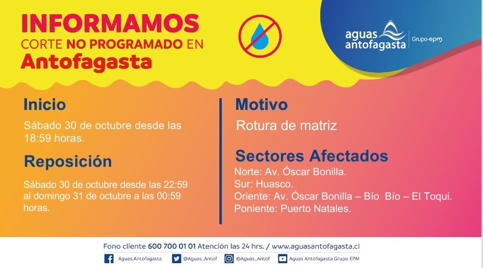 Aguas_Antof's tweet photo. Informamos corte #NoProgramado en #Antofagasta debido a rotura de matriz.
Reposición estimada: Sábado 30 de octubre desde las 22:59 al domingo 31 de octubre a las 00:59 horas.
Más información aquí ⬇️ https://t.co/YltwX570n3