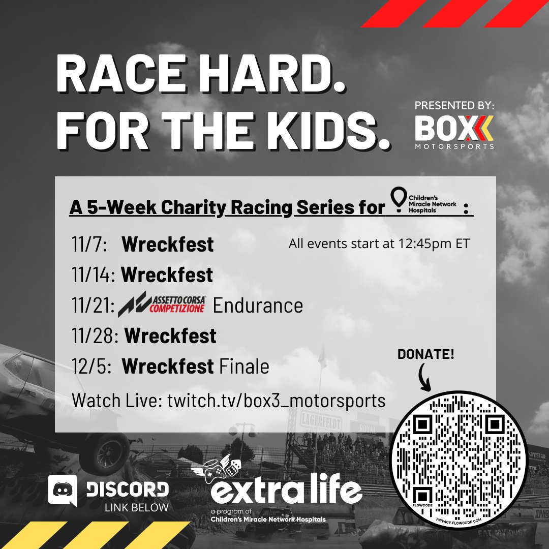 Box3Motorsports's tweet photo. 5 weeks of charity racing starts next Sunday with Wreckfest.  Come join us in supporting Children's Miracle Network hospitals!  #wreckfest #EXTRALIFE #Simracing #fundraising #twitch https://t.co/8PnrzT2ljq https://t.co/IgxXIaOQOW