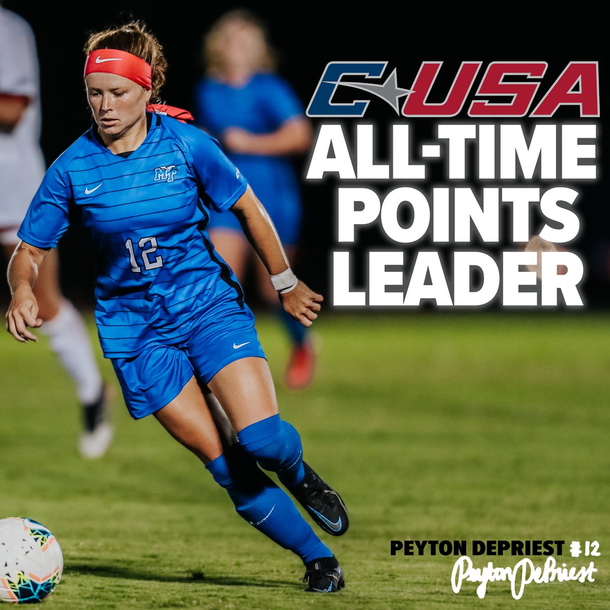 MT_Soccer's tweet photo. With her 11th goal of the season against Marshall, @PeyDepriest has now become the @ConferenceUSA All-Time Points Leader with 124 career points!

#BlueRaiders | #MT https://t.co/T1TOJpBnHy
