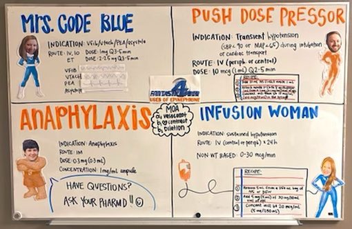 Rx_Chuck's tweet photo. The pharmacy student critical care team and I created this education board on the various uses of Epi! Added a little twist by including some familiar pharmacy faces in the ICU! 😉 https://t.co/sJFVGYZMj1