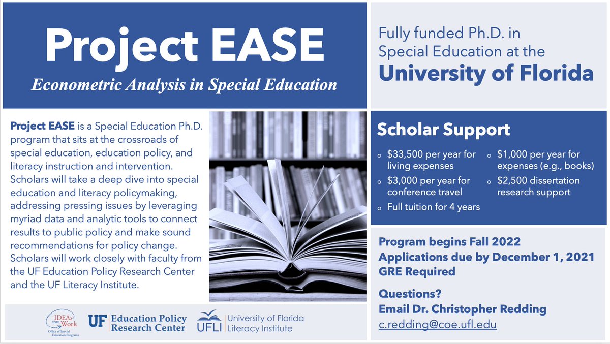 Come study special education and literacy policy and practice with @UF_EdPolicy and @UFLiteracy! Full funding for four full-time, on-campus Ph.D. students.