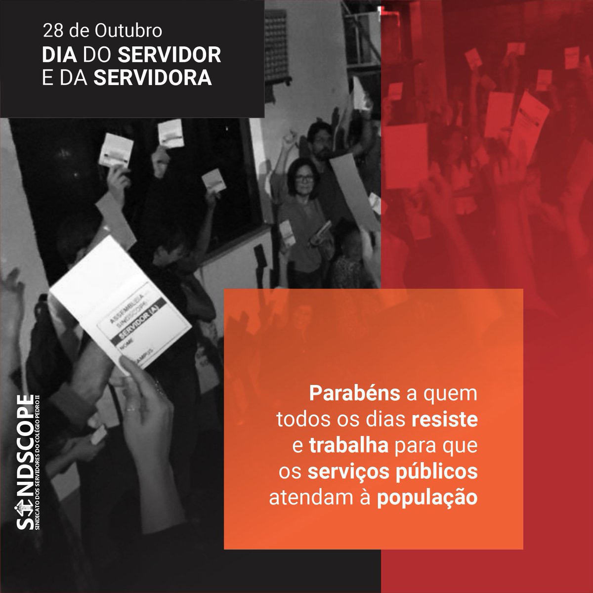 sindscope's tweet image. 28 de Outubro
Dia do Servidor e da Servidora
Parabéns a quem todos os dias resiste e trabalha para que os serviços públicos atendam à população

#PEC32vaiCAIR #ServidorPublico
