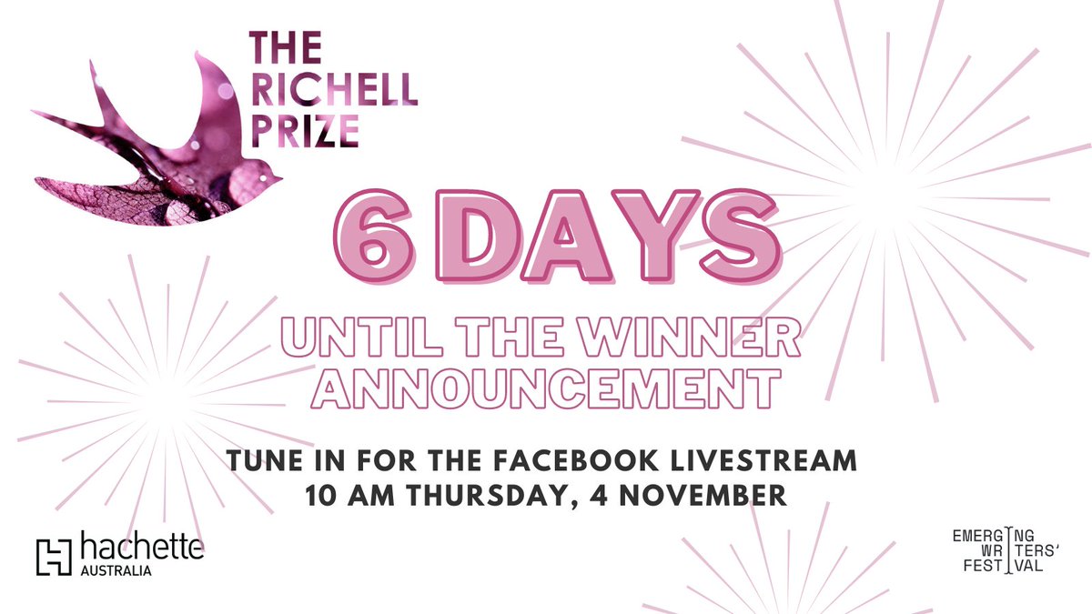 HachetteAus's tweet photo. 6 days to go! 

Tune in for the announcement of the #TheRichellPrize2021 winner ft. @louiserstark, @fionahazard, @mandybeaumont and Ruby-Rose Pivet-Marsh from @EmergingWriters. 

The shortlistees: Odette Des Forges, @KayLHarrison, @SimoneAJordan, Jessica Kirkness &amp; Ben Randall ✨ https://t.co/iK4ihBipWt