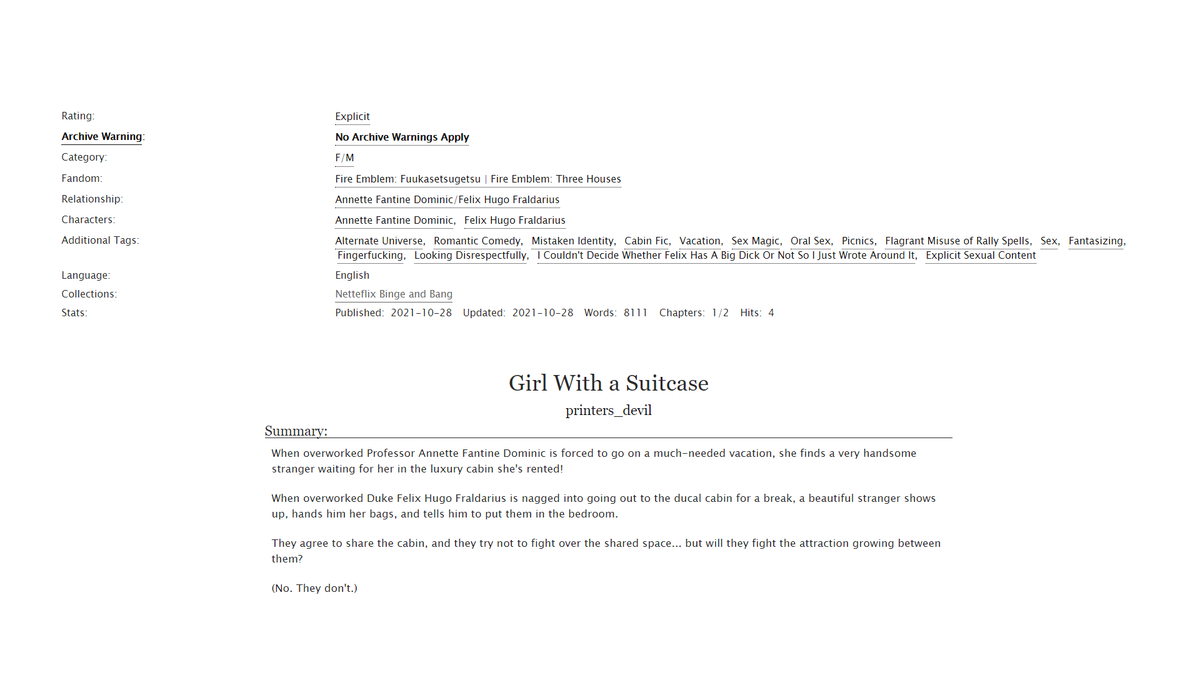 a_printersdevil's tweet photo. Fic! For @NTFLXbingebang.

GIRL WITH A SUITCASE. 1/2, Felix/Annette, E. 8.1K words. Art by @ayanthos.

Strangers Felix and Annette have a meet not-so-cute at the vacation cabin they've both rented! Can they fight their attraction to each other? (They can't.) #felannie #netteflix https://t.co/oUWQGg9ixt