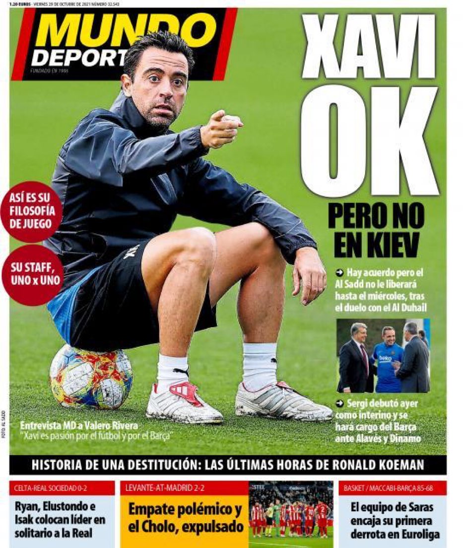 MD - "Xavi OK, tapi tidak di Kiev"

Ada kesepakatan tapi Al Sadd tidak akan melepaskannya sampai pertandingan melawan Al Duhail.

Sergi Barjuan memulai debutnya kemarin di sesi latihan sebagai pelatih sementara dan akan memimpin Barca melawan Alaves dan Dynamo.