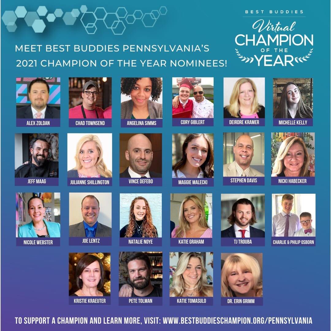 Congrats to our 2021 Champion nominees! These 22 outstanding leaders have been hard at work raising funds and awareness for Best Buddies' mission and will be honored at our Virtual Champion of the Year Celebration on 11/19 on FB. Learn more at bestbuddieschampion.org/pennsylvania.