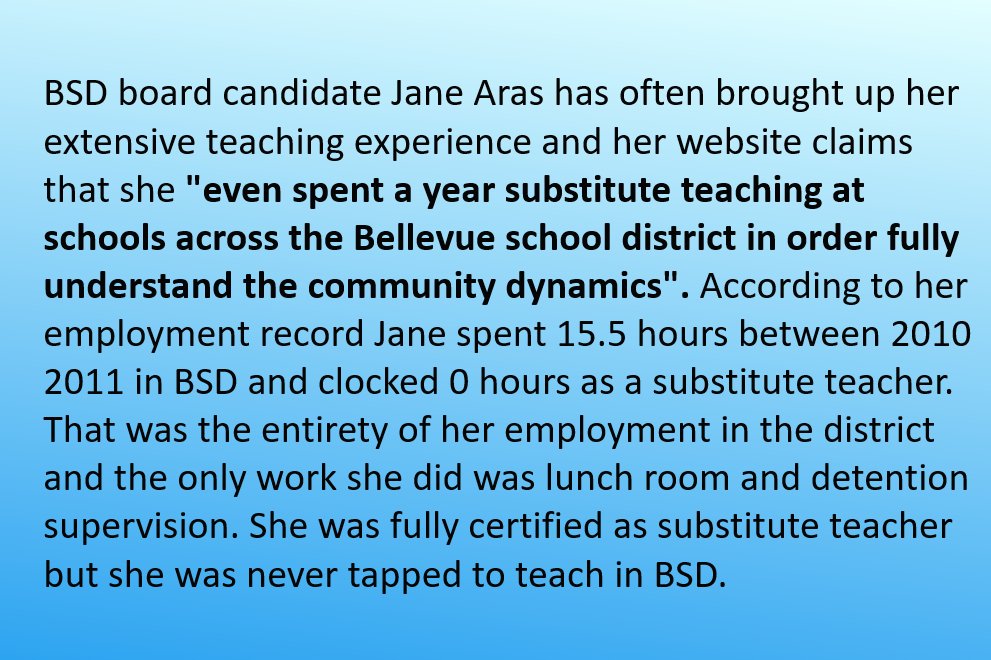 SchoolIsEssent2's tweet photo. Hey @seattletimes, you endorsed Jane Aras for @TheBSD405 school board, how thoroughly did you vet her? Any comments? https://t.co/K1KHI1Cz2F