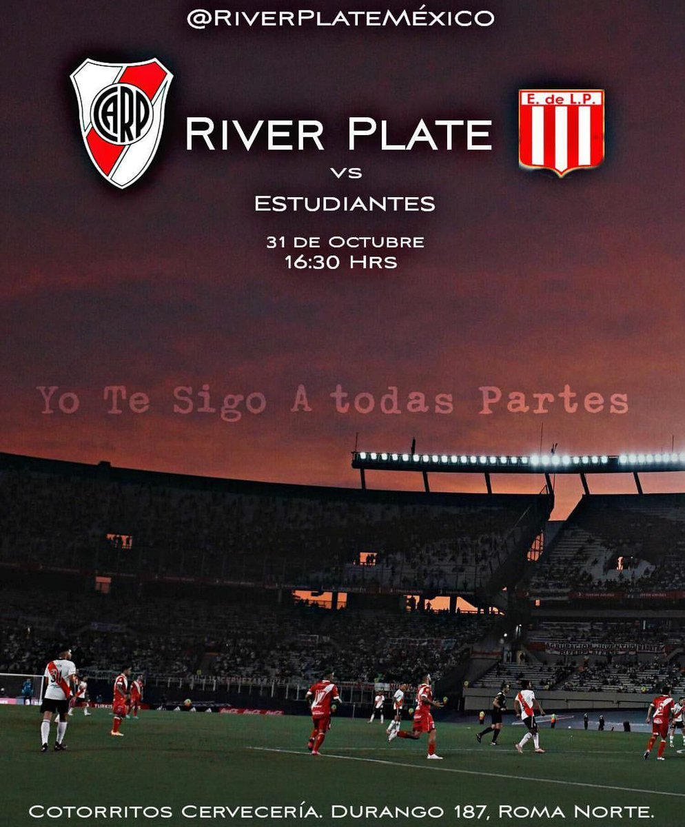 RiverplateCDMX's tweet photo. Este domingo 31 de octubre, vamos todos unidos !! A las 17 HRS. River visita a Estudiantes 
 Ven a vivirlo con la filial !! Te esperamos en Cotorritos Cervecería.
https://t.co/1UQRjaWEsC 

@FIFRPOficial @RiverPlate @juancortese @jbuscalia @CostaFebreOK @rusoramenzoniok https://t.co/rexwUqqGq7