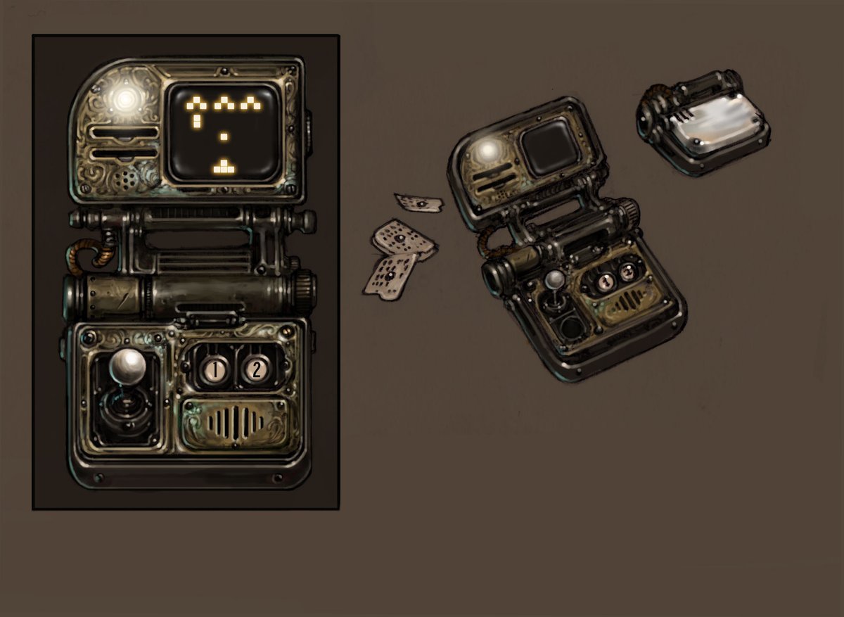 modredcastleton's tweet photo. What would a handheld console look like in 1920? Here at Wormwood Studios we set out to answer that question...
Brass with mother of pearl inlay, punchcard games.
#gameboy #1920 #retrofuturism #cloudscape #handheld #console #pixelart #retro #gaming #spaceinvaders #pearlinlay https://t.co/ZW43cZpDg9