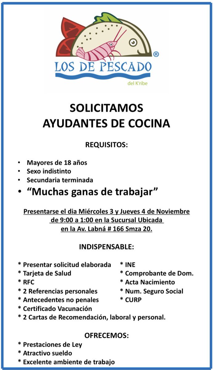 LOSDEPESCADO's tweet photo. Estamos contratando!!!
@EmpleosCancun @EmpleosCancunOf https://t.co/DSXavQMhyo