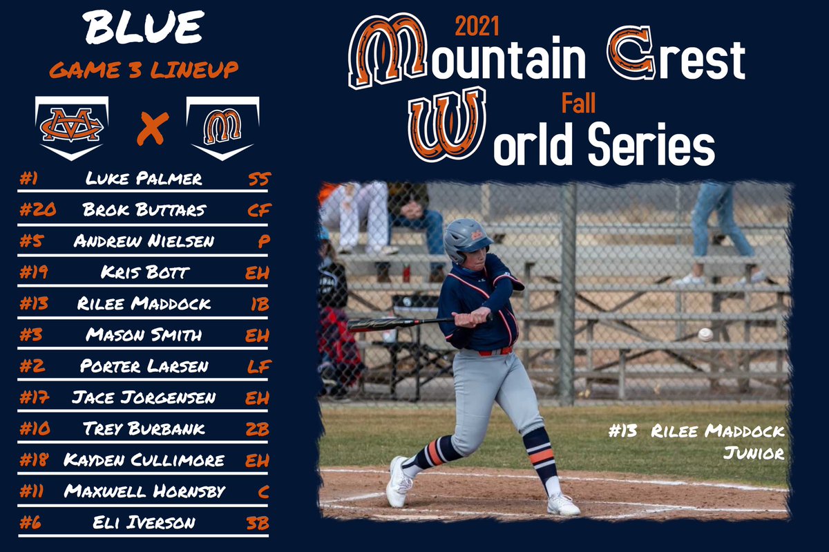 gomcbaseball's tweet photo. Here are the starting lineups for Game 3 of the Blue &amp; Orange World Series. The Blue Team looks to extend the series while the Orange Team is going for the sweep. #WorldSeries #MustangsCompete https://t.co/2sIWez1TaL