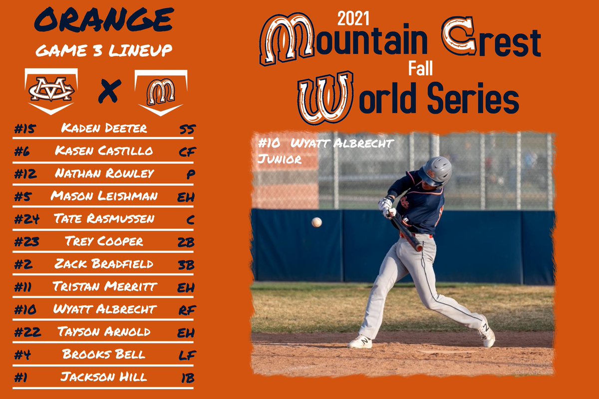 gomcbaseball's tweet photo. Here are the starting lineups for Game 3 of the Blue &amp; Orange World Series. The Blue Team looks to extend the series while the Orange Team is going for the sweep. #WorldSeries #MustangsCompete https://t.co/2sIWez1TaL