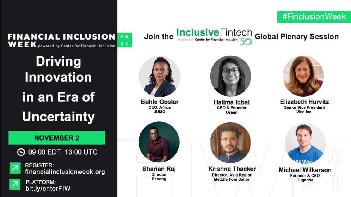 Join CFI at #FinclusionWeek on Nov 2 for the #InclusiveFintech50 plenary featuring 3 2021 winners -- <a href="/myoraan/">Oraan</a>, Senang Insurance, and <a href="/tugende1/">Tugende</a> -- a judge (<a href="/buhlegoslar/">buhle goslar</a>) + representatives from IF50 global sponsors <a href="/Visa/">Visa</a> and <a href="/MetLife/">MetLife</a> Foundation. Moderated by: <a href="/digitallymaha/">Maha Khan</a>