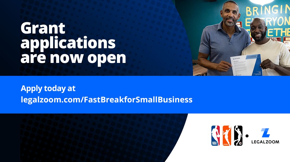 LegalZoom's tweet image. In partnership with @NBA, @WNBA, and @nbagleague  we are supporting small businesses with $10,000 grants and applications are open until 11/23.  Apply today.  bit.ly/3BBgFAy #FastBreak4SmallBiz