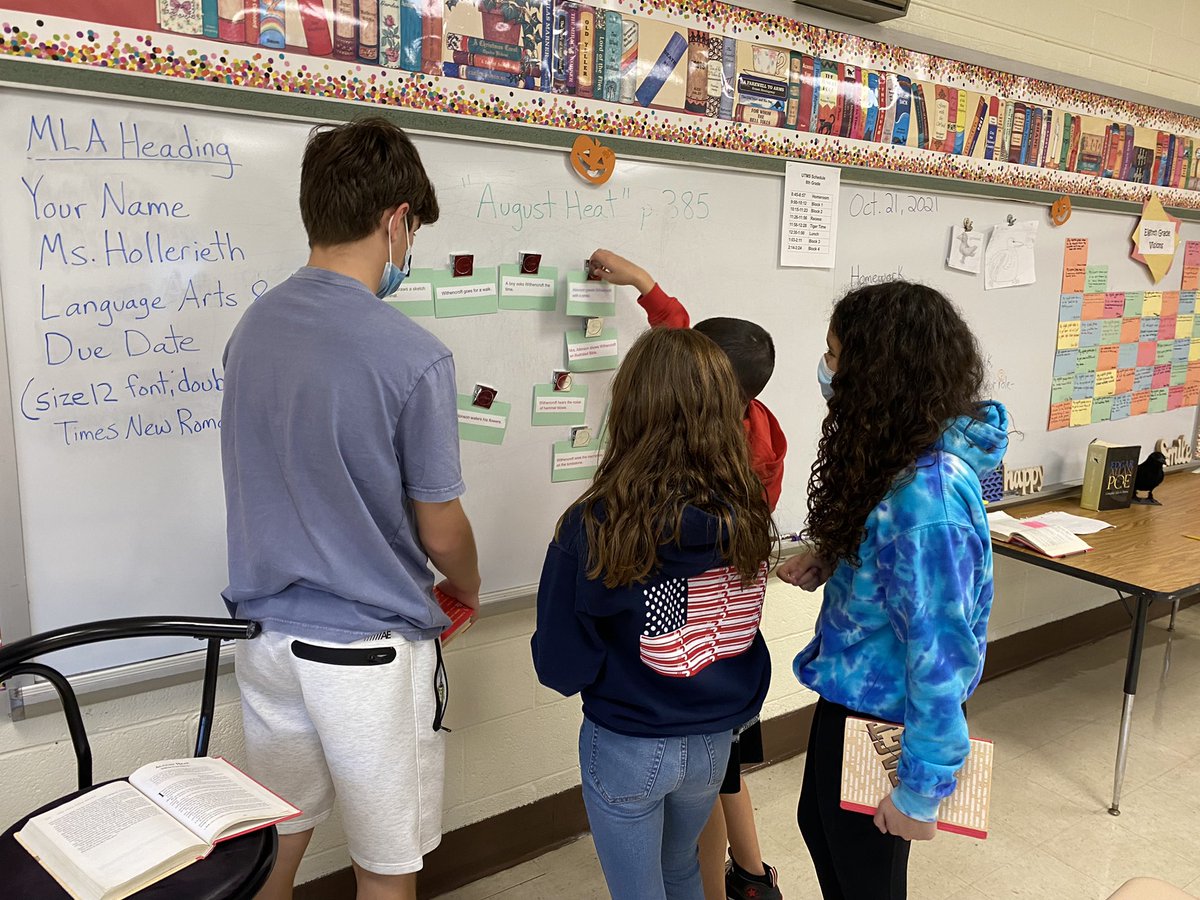DHollerieth's tweet photo. 8th grade students have been enjoying scary stories &amp; the activities associated with them. Here they are working on a hexagonal thinking project, a sequencing task, vocabulary, &amp; a sticky note question activity. 💀🎃👻 #utms #TigerPride #scarystoryunit #EdgarAllanPoe https://t.co/QxIUSmCOfO