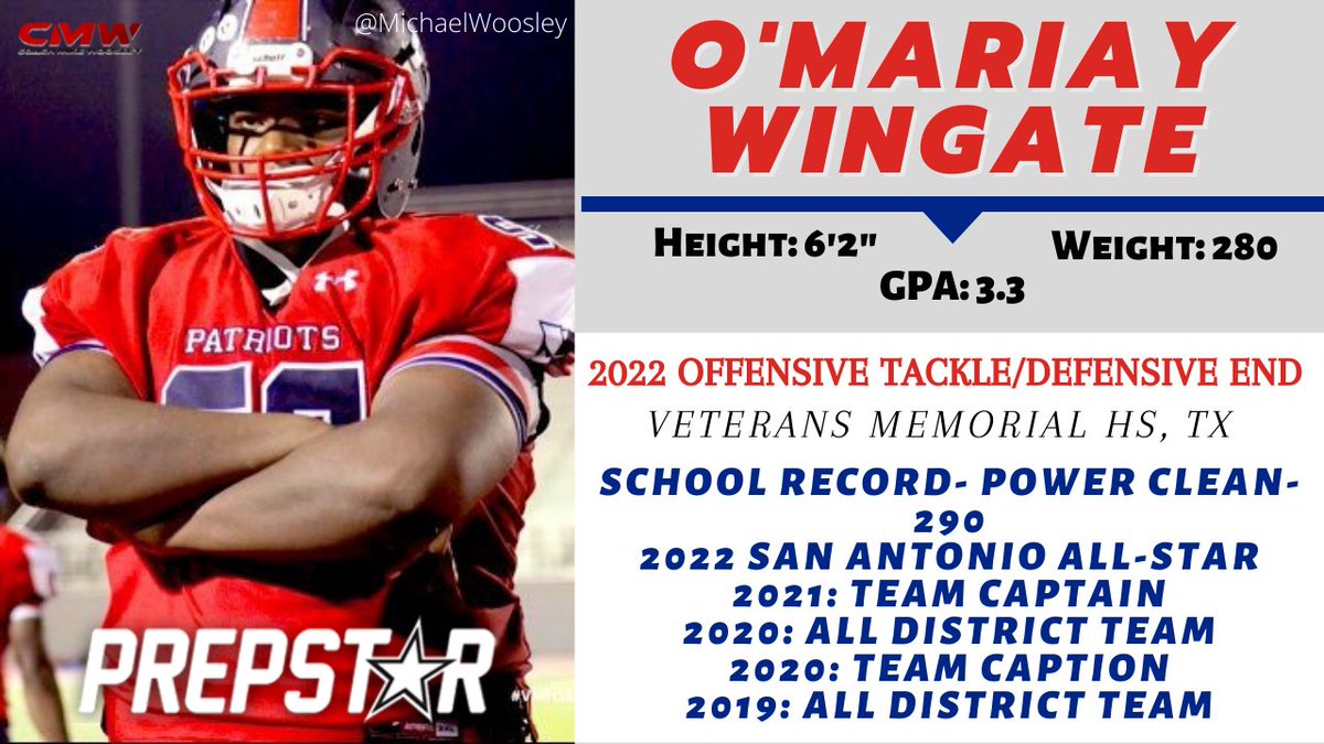 O'Mariay Wingate 2022- Offensive Tackle/Defensive End at Veterans Memorial High School in San Antonio, TX. While a run blocker, he displays excellent footwork, he has a low center of gravity and uses that along with his strength to get under the DL and push him back. <a href="/Omariay1/">Omariay</a>
