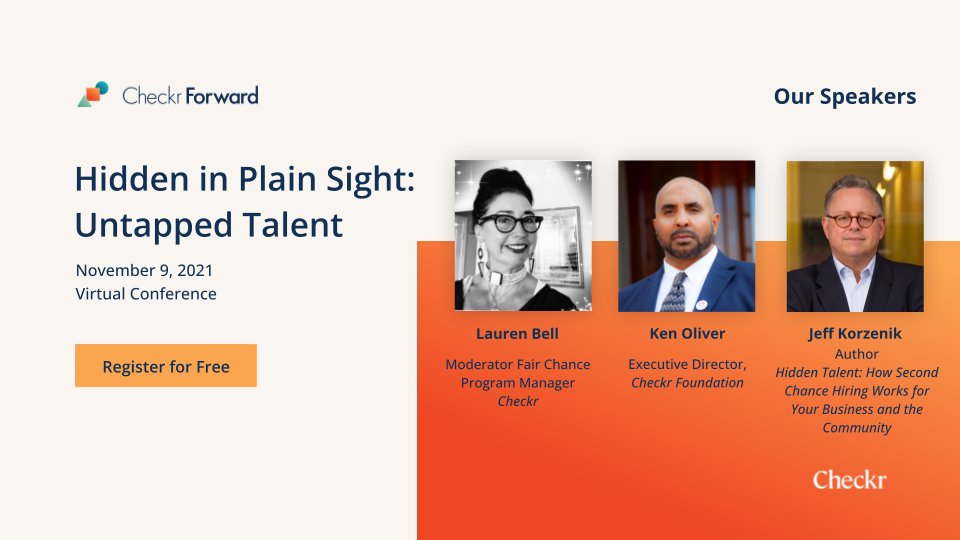 checkr's tweet photo. There’s an entire talent pool willing and able to work, yet all too often overlooked. Join us at #CheckrForward as our speakers talk about both the business - and human - case for giving #fairchance #hiring a chance. Register today: https://t.co/7A0xFZy2KL https://t.co/2CcCzxCNvp