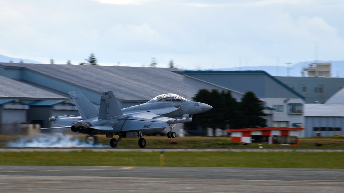 USPacificFleet's tweet photo. #USNavy EA-18G Growlers assigned to Electronic Attack Squadron #VAQ138 land at Misawa Air Base, Japan, during recent flight operations on the expeditionary squadron's @US7thFleet deployment. @NavyMisawa @TeamMisawa #FlyNavy https://t.co/aq9A55oQWD