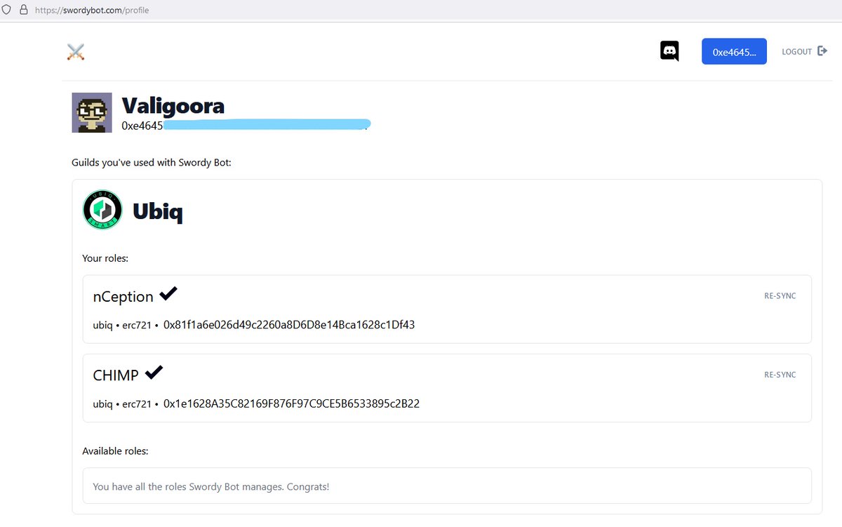 ubiqsmart's tweet photo. We've worked with developer @pi0neerpat to add Ubiq support and integrated @swordybot into Ubiq Discord. Exclusive roles and channels for holding an NFT!

$UBQ #ERC721 https://t.co/dTxGrclOT5