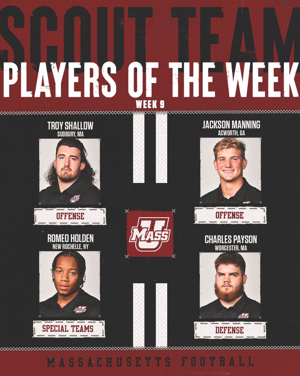 UMassFootball's tweet photo. Scout Team Players of the Week: Week 9️⃣

#Flagship 🚩 https://t.co/sKWBU3ozV2