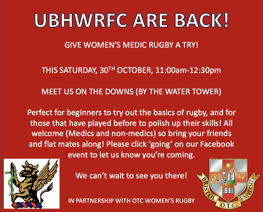 CJNichols's tweet photo. Fancy some fun, social rugby in Bristol? Come along this Saturday to the downs for a run around 🏉 Medics and non-medics welcome! https://t.co/u0aD8o5gWM